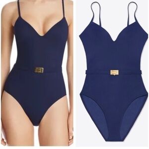 Tory Burch Swimsuit Gold T-Belt Navy Blue L One Piece Molded Cups V Neck Lined